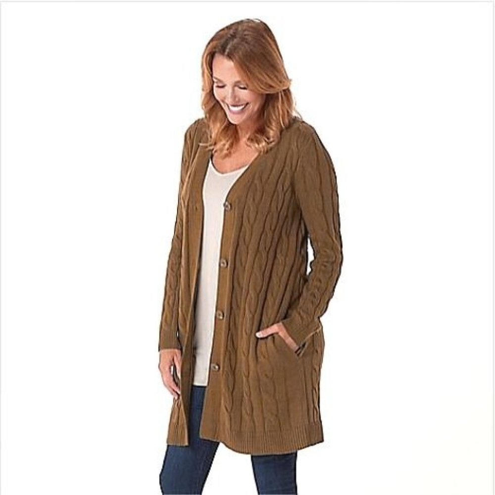 Lisa Rinna Collection Brown Cable Knit Cardigan - Picture 2 of 11